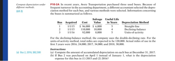 Compute depreciation under different methods. (LO ) P10-2A In recent years, Avery Transportation purchased three used buses.