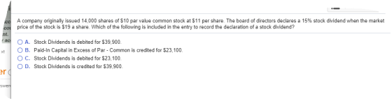 A company originally issued 14,000 shares of $10 par value common stock at $11 per share. The board of directors declares a 1