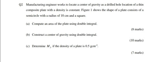 Q2 Manufacturing engineer works to locate a center of gravity as a drilled hole location of a thin composite plate with a den