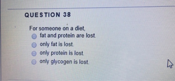 QUESTION 38 For someone on a diet, O fat and protein are lost. o only fat is lost. O only protein is lost. - only glycogen is lost