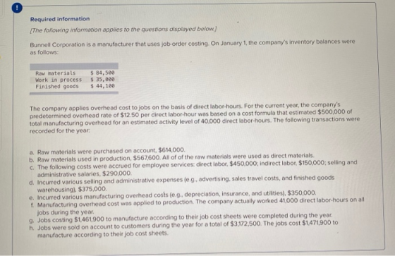 Required information The following information applies to the questions displayed below.) Bunnell Corporation is a manufactur