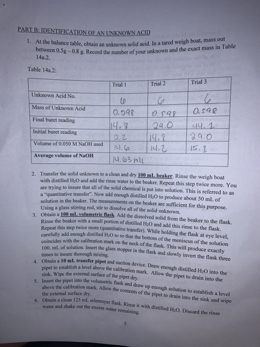 PART B: IDENTIFICATION OF AN UNKNOWN ACID 1. At the balance table, obtain an unknown solid ac between 0.5g - 0.8 g. Record th