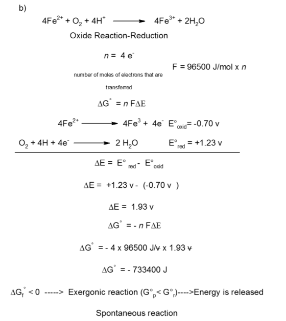 b) 4Fe2+ + 0, + 4H- 4Fe3+ + 2H,0 Oxide Reaction-Reduction n = 4 e F = 96500 J/mol xn number of moles of electrons that are tr