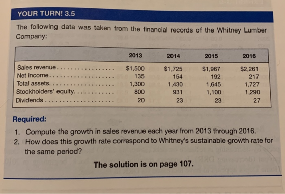 YOUR TURN! 3.5 The following data was taken from the financial records of the Whitney Lumber Company: 2013 2014 2015 2016 $1,