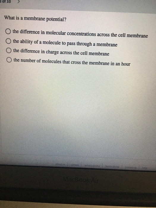 10 > What is a membrane potential? the difference in molecular concentrations across the cell membrane the ability of a molec