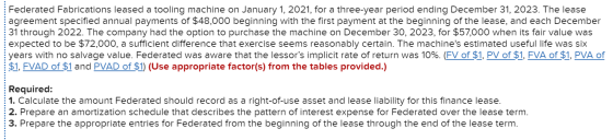 Federated Fabrications leased a tooling machine on January 1, 2021, for a three-year period ending December 31, 2023. The lea