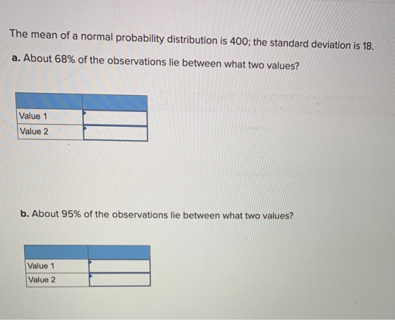The mean of a normal probability distribution is 400; the standard deviation is 18. a. About 68% of the observations lie betw