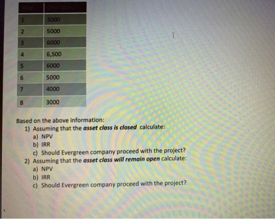 3000 2 5000 I 3 6000 6,500 5 6000 6 5000 7 4000 8 3000 Based on the above information: 1) Assuming that the asset class is cl