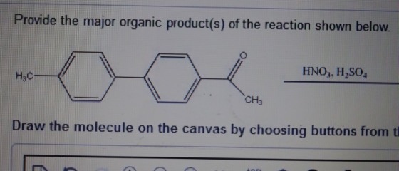 Provide the major organic product(s) of the reaction shown below. HNO3, H2SO4 H3C CH3 Draw the molecule on the canvas by choo
