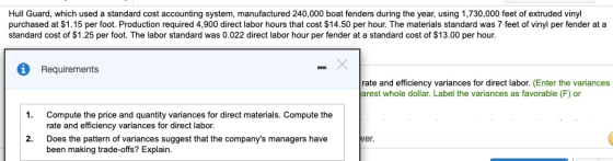 Hull Guard, which used a standard cost accounting system, manufactured 240,000 boat fenders during the year, using 1,730,000