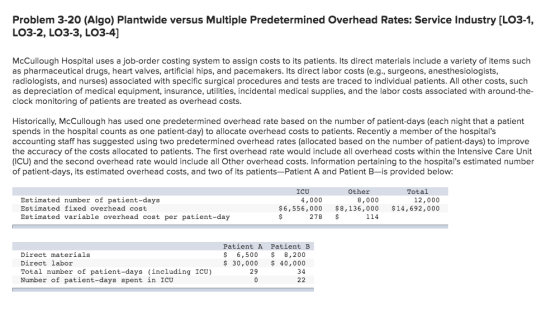 Problem 3-20 (Algo) Plantwide versus Multiple Predetermined Overhead Rates: Service Industry (L03-1, LO3-2, LO3-3, LO3-4] McC