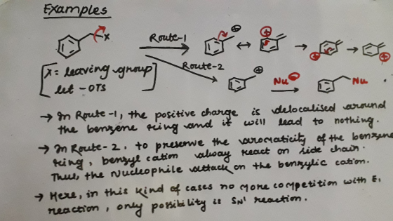 Examples - leaving group] este ano naEr L let - OTS In Route -1, the positive charge is delocalised around the benzene ring a