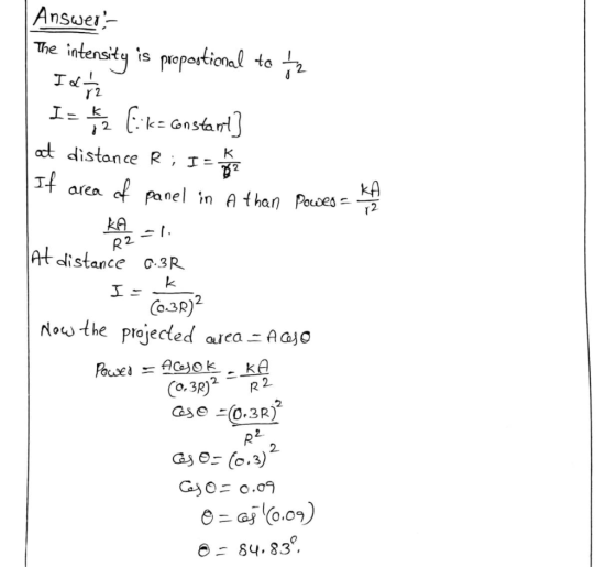 Answer- The intensity is propostional to iz Id 1 / 2 Is Ķz fik- constant] at distance R; IF If area of panel in A than Power