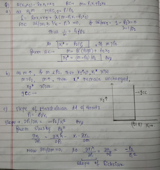 Q a U ( XX2) = ln X, FX2 B C₂ m= pix + P2X2. at eam MRS 1, 2= Pilpa L= lnx, +X2+ Acm-Pixi-P2X2) Foci əlaxis /x- Piazo, & alla