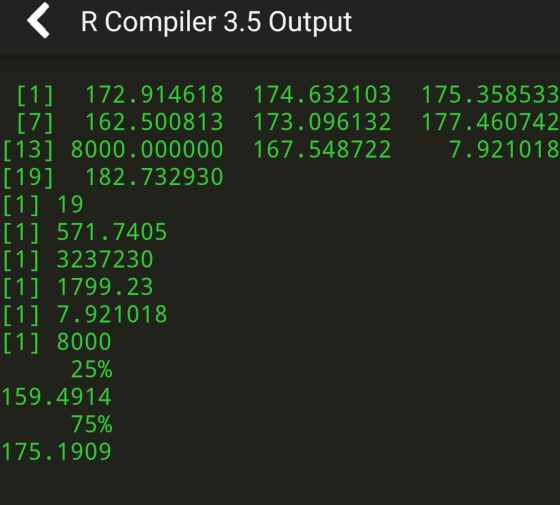 K R Compiler 3.5 Output [1 172.914618 174.632103 175.358533 [7] 162.500813 173.096132 177.460742 [13] 8000.000000 167.548722 7.921018 [19] 182.732930 11 571.7405 [1] 3237230 11 1799.23 [1] 7.921018 [1] 8000 25% 159.4914 75% 175.1909