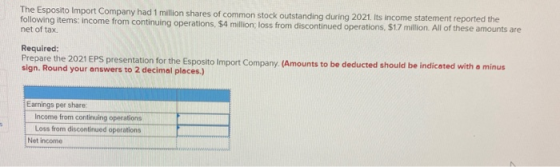 The Esposito Import Company had 1 million shares of common stock outstanding during 2021. Its income statement reported the f