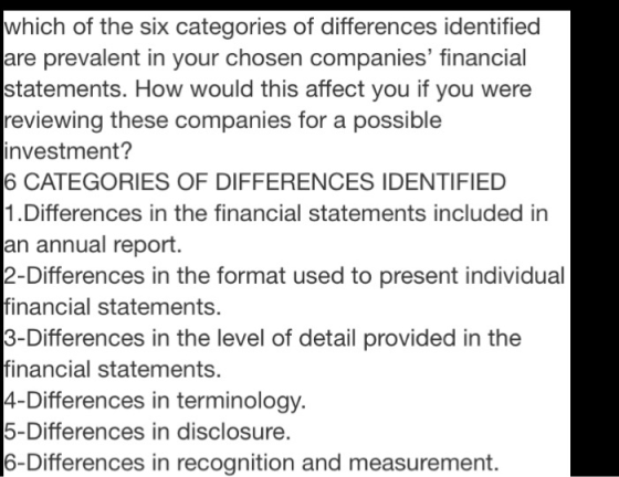 which of the six categories of differences identified are prevalent in your chosen companies financial statements. How would
