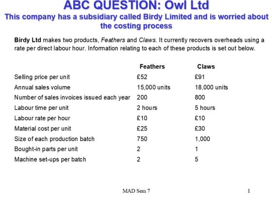 ABC QUESTION: Owl Ltd This company has a subsidiary called Birdy Limited and is worried about the costing process Birdy Ltd m