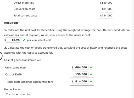 Direct materials $550,000 Conversion costs 184,000 Total current costs $734,000 Required: 1. Calculate the unit cost for Dece