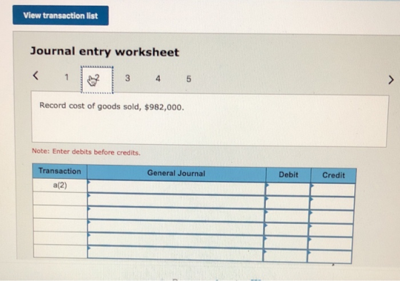 View transaction list Journal entry worksheet < 1 og 3 4 5 Record cost of goods sold, $982,000. Note: Enter debits before cre
