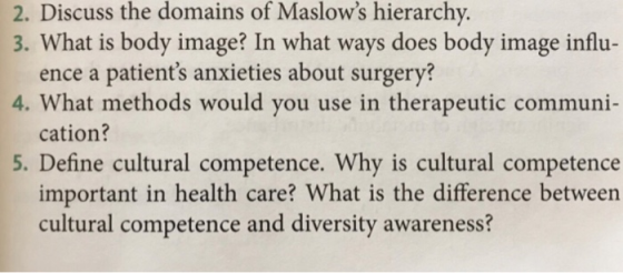 2. Discuss the domains of Maslows hierarchy. 3. What is body image? In what ways does body image influ- ence a patients anx