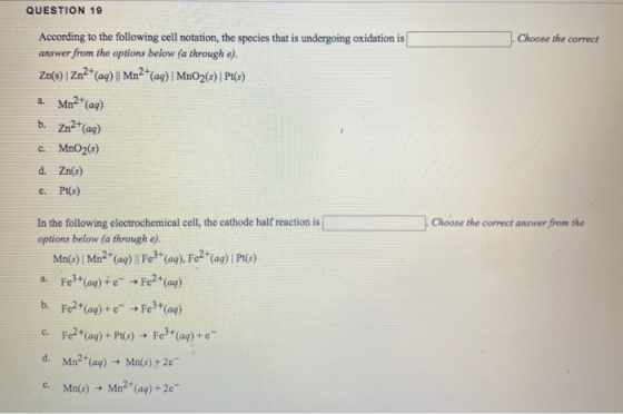 Choose the correct QUESTION 19 According to the following cell notation, the species that is undergoing oxidation is answer f