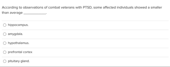 According to observations of combat veterans with PTSD, some affected individuals showed a smaller than average hippocampus.