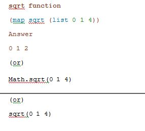 sqrt function (man sat (list 0 1 4)) Answer 0 1 2 (ex) Math sartlo 1 4) (9x) or sat(o 1 4)