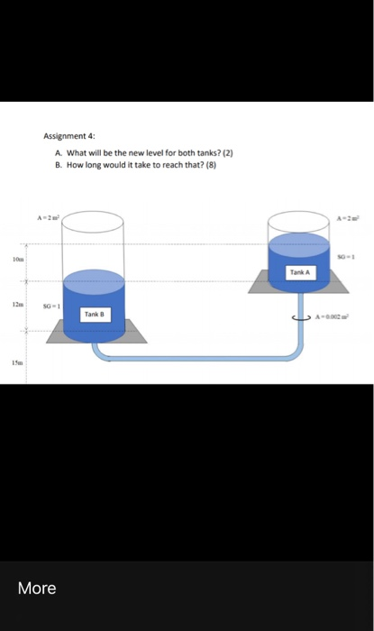 Assignment 4: A. What will be the new level for both tanks? (2) B. How long would it take to reach that? (8) A 10 Tank Tank A