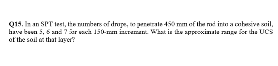 Q15. In an SPT test, the numbers of drops, to penetrate 450 mm of the rod into a cohesive soil, have been 5, 6 and 7 for each