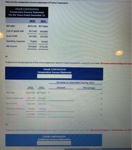 Hare are the comparative income statements of Crana Corporation CRANE CORPORATION Comparative Income Statement For the Years