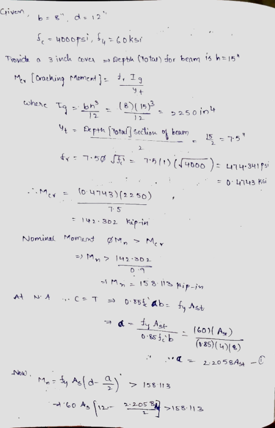 given b d 2 * u00opsi, o kss Beptiu (1o tar) for beam is h=15 Povide a 3 indh cove twhene Tq bh3 2 (8(15) 250 in4 2 Чt Ex pi