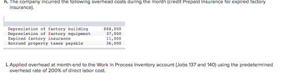 h. The company incurred the following overhead costs during the month (credit Prepaid Insurance for expired factory insurance