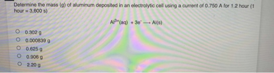 Determine the mass (g) of aluminum deposited in an electrolytic cell using a current of 0.750 A for 1.2 hour (1 hour = 3,600
