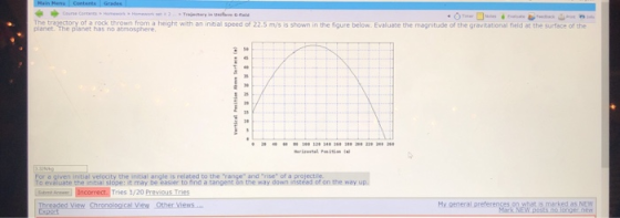 he tra ectory of e rok tromn frheight with an intal speed of 22.5 mv/s is shown in the igure below. Evaluate the magnitude of the gravitational red ax the surface of cthe planet. has no atmosphere a given in tial o evaluate the initial slope: it may be easier to find a tangent on the way down instead of on the way u velocity the initial angle is related to the range and rise of a projectile Tries 1/20 Previous Tries Threaded View Chronological View Other Views My general preferences on what is marked as NEW