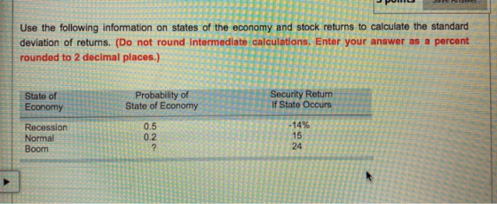 Use the following information on states of the economy and stock returns to calculate the standard deviation of returns. (Do