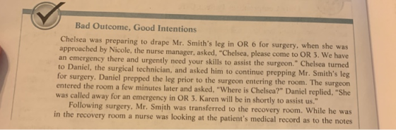 Bad Outcome, Good Intentions Chelsea was preparing to drape Mr. Smiths leg in OR 6 for surgery, when she was approached by N