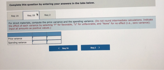 Complete this question by entering your answers in the tabs below. Req 1A Req 1B Reg 2 For direct materials, compute the pric