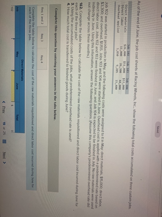 Seved As of the end of June, the job cost sheets at Racing Wheels, Inc., show the following total costs accumulated on three