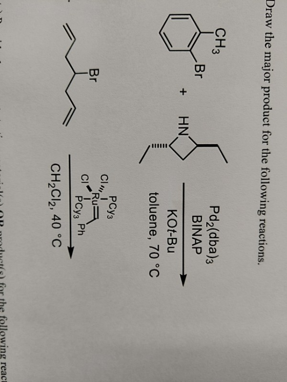 Draw the major product for the following reactions. CH3 Br & + HN Pd2(dba)3 BINAP KOt-Bu toluene, 70 °C PCy3 Clo! Br Rue CI P
