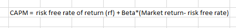 CAPM = risk free rate of return (rf) + Beta*(Market return-risk free rate)