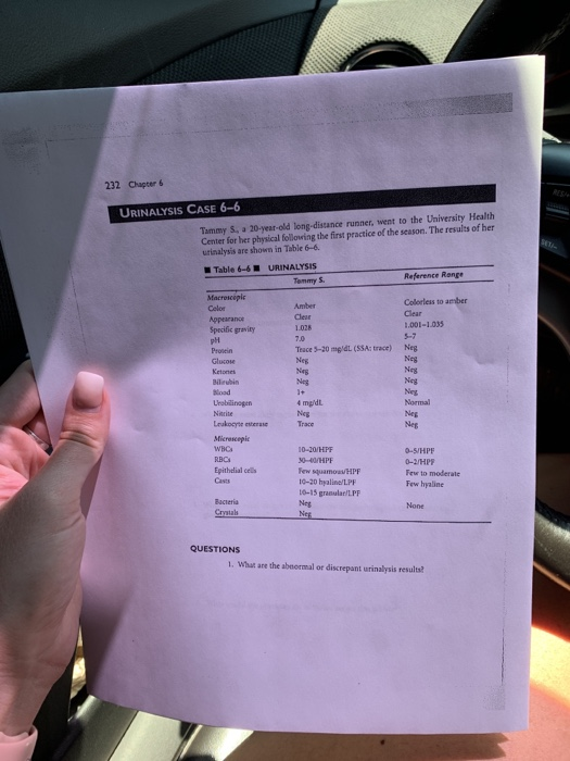 232 Chapter 6 URINALYSIS CASE 6-6 Tammy S, a 20-year-old long-distance runner, went to the University Health Center for her p