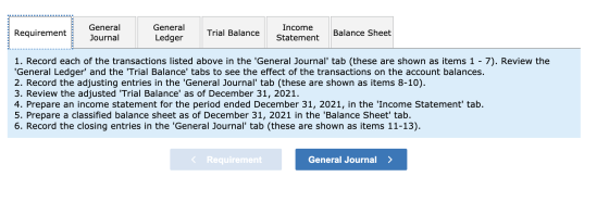 Requirement General Journal General Ledger Trial Balance Income Statement Balance Sheet 1. Record each of the transactions li