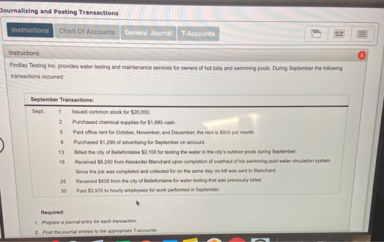 Journalizing and Posting Transactions Instructions Chart Of Accounts General Journal T-Accounts Instructions Findlay Testing