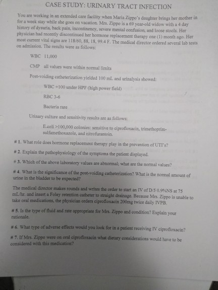 CASE STUDY: URINARY TRACT INFECTION You are working in an extended care facility when Maria Zippos daughter brings her mothe