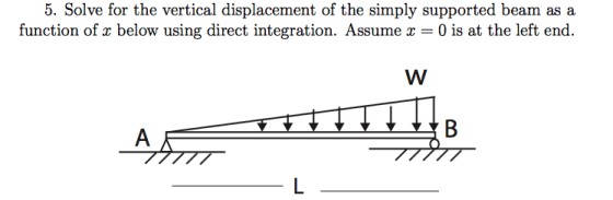 5. Solve for the vertical displacement of the simply supported beam as a function of x below using direct integration. Assume 0 is at the left end