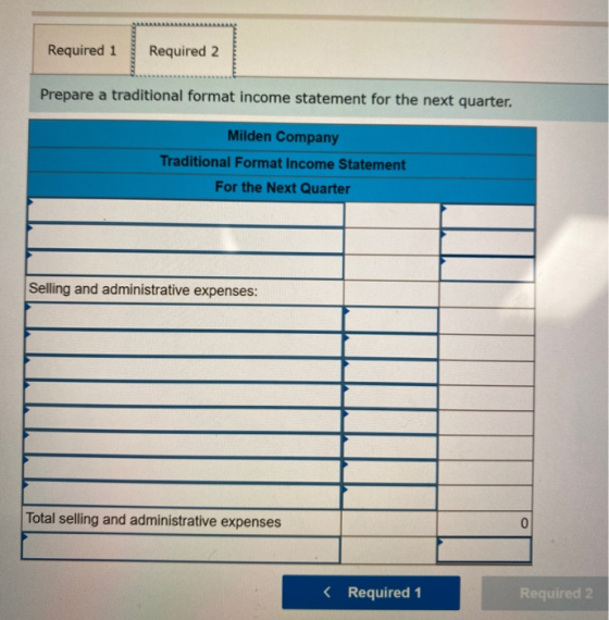 Required 1 Required 2 Prepare a traditional format income statement for the next quarter. Milden Company Traditional Format I