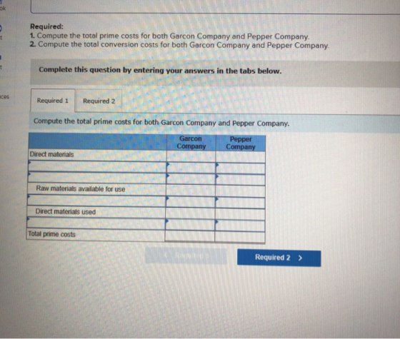 Required: 1. Compute the total prime costs for both Garcon Company and Pepper Company 2. Compute the total conversion costs f