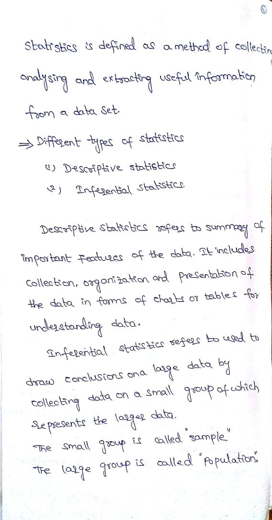 stolrstics &s defined as amethod of celletn Stor analysing and extracts useful .înformaEc7 foom a dala Set 吵 tapes of statstics Diffegent v) Descospive statisticr emportent Fertuees ofte daba, £tincludes ye data in forms of chalㅂ。γ tables -6) undeystording dato drauw corclustons ona. lage data b collecting data on a Small cato. ailed somple Se pesentr te lad The Small
