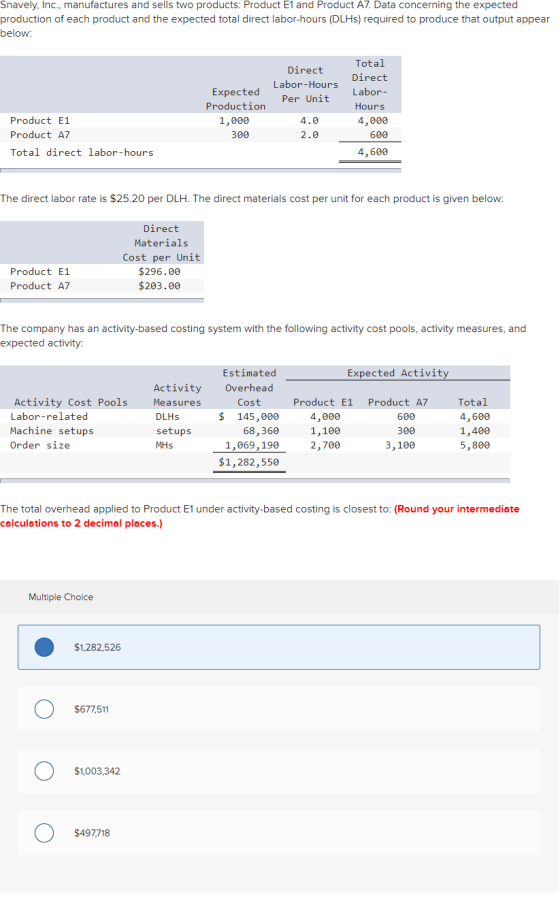 Snavely, Inc., manufactures and sells two products: Product E1 and Product A7. Data concerning the expected production of eac